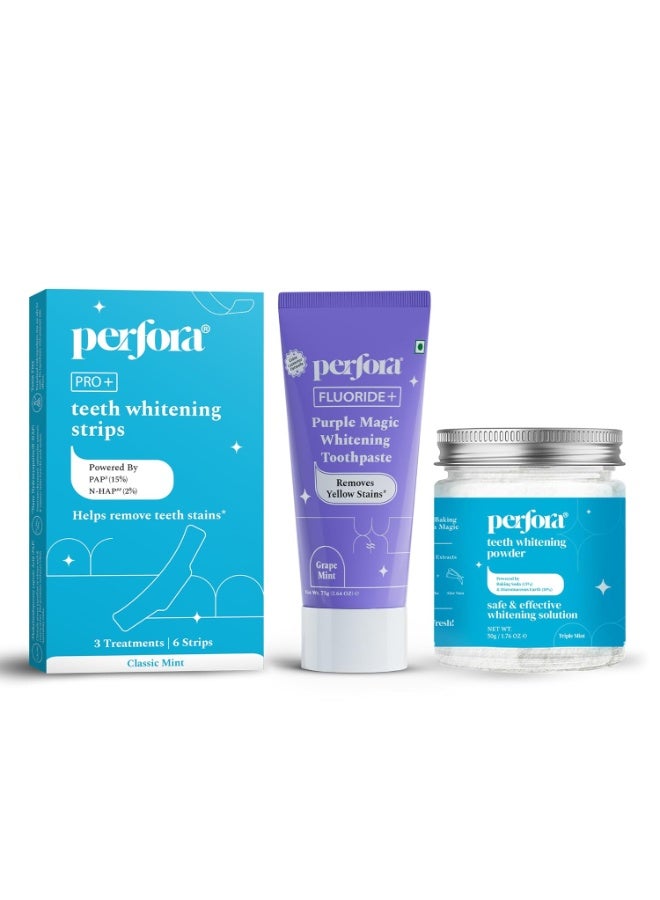 Perfora Teeth Whitening Powder 50g, Whitening Strips Pack of 3 & Purple Toothpaste 75g | Complete Whitening Routine | Enamel-Safe, Stain Removal, Fast & Effective Bright Smile Oral Care Kit - Image 1