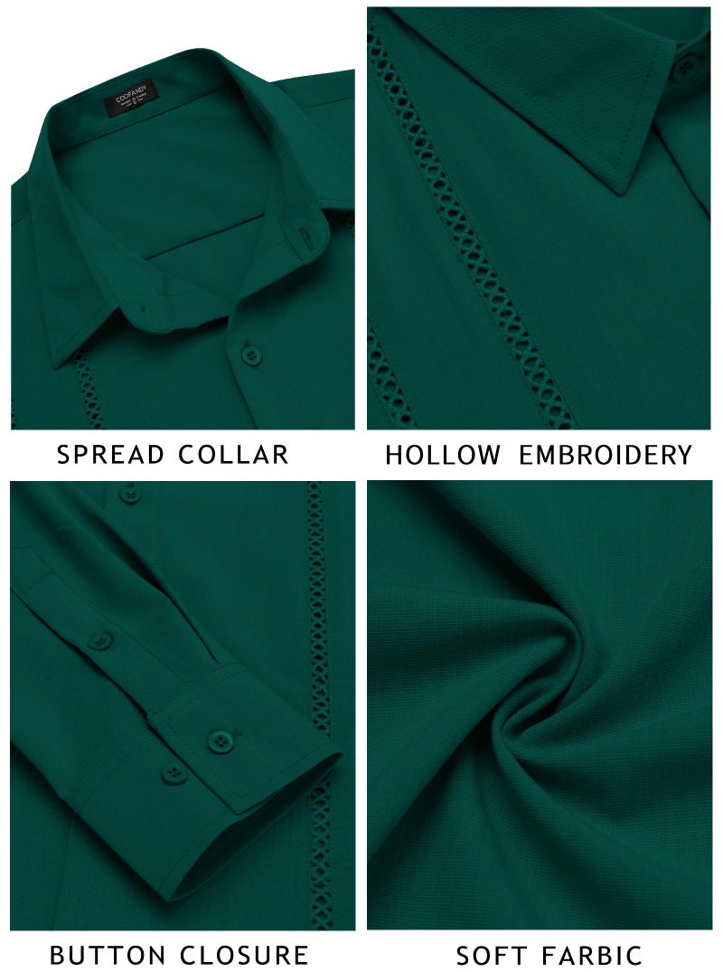 COOFANDY Mens Casual Beach Button Down Shirts Long Sleeve Cuban Camp Guayabera Shirts Dark Green - Image 4
