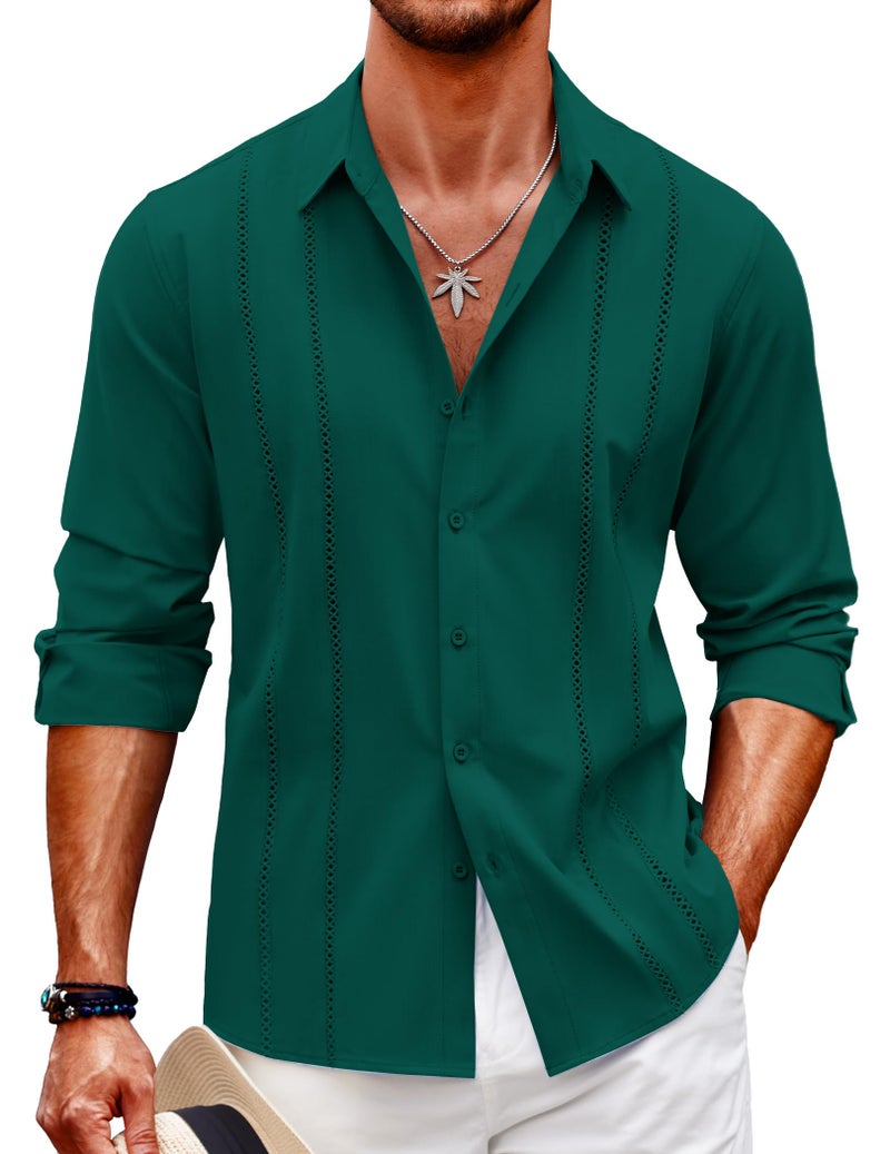 COOFANDY Mens Casual Beach Button Down Shirts Long Sleeve Cuban Camp Guayabera Shirts Dark Green - Image 1