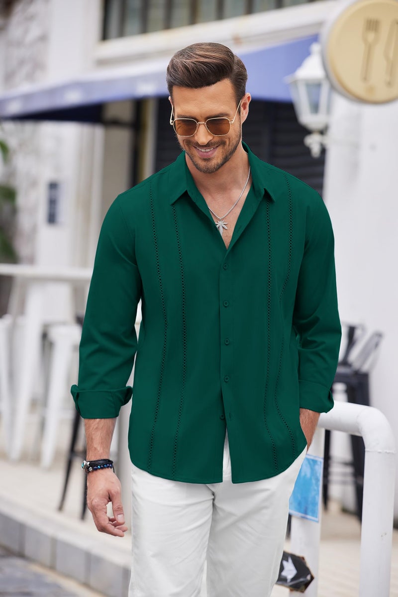 COOFANDY Mens Casual Beach Button Down Shirts Long Sleeve Cuban Camp Guayabera Shirts Dark Green - Image 2