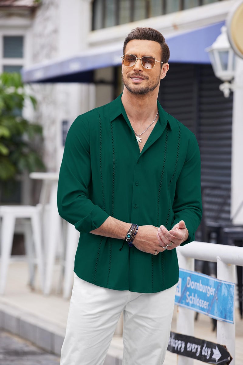 COOFANDY Mens Casual Beach Button Down Shirts Long Sleeve Cuban Camp Guayabera Shirts Dark Green - Image 3