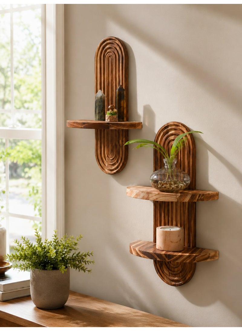 Ayana Casa Wooden Arch Wall Shelf Set – Single and Double Tier Floating Shelf Combo with Carved Rainbow Backboard for Living Room Bedroom Home Décor - Image 2