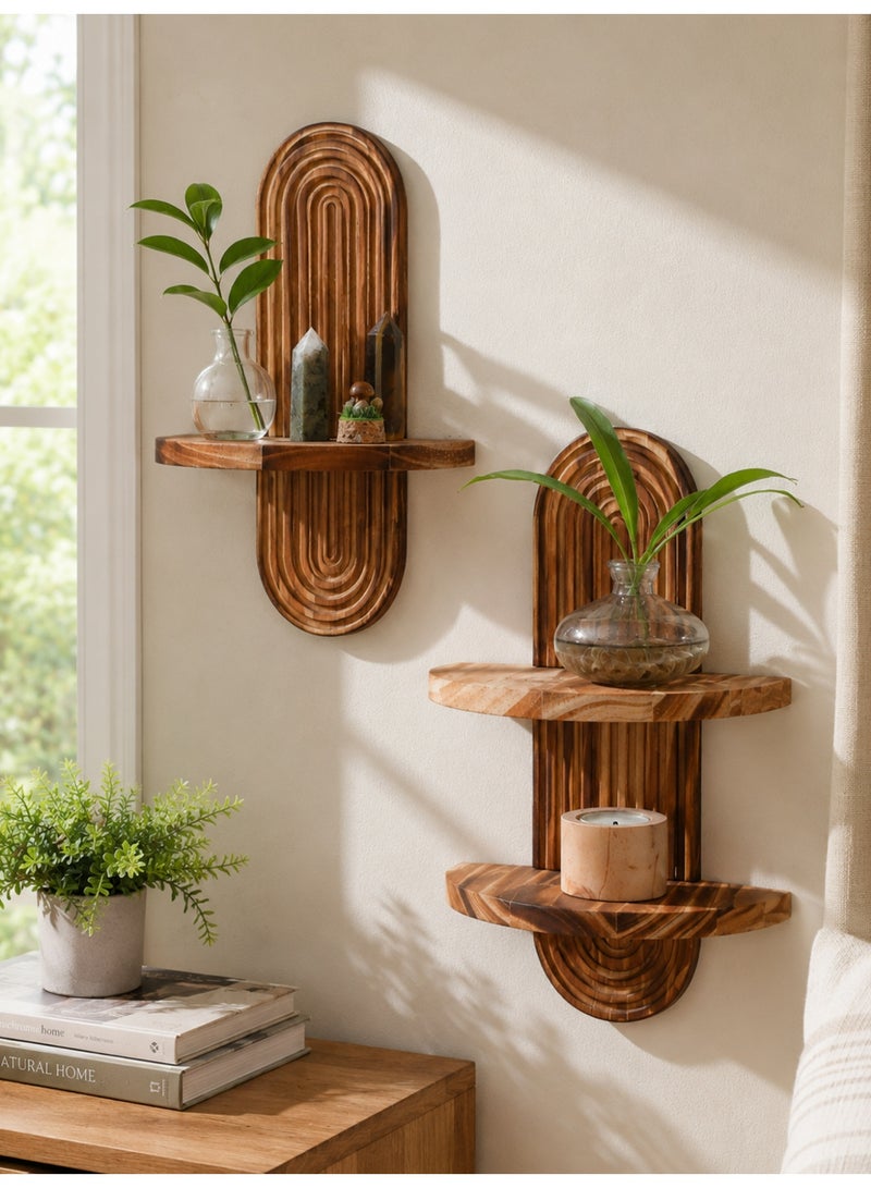 Ayana Casa Wooden Arch Wall Shelf Set – Single and Double Tier Floating Shelf Combo with Carved Rainbow Backboard for Living Room Bedroom Home Décor - Image 1