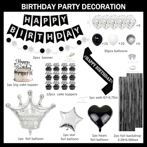 jenmir Black Silver Birthday Decorations for MenFringe Curtains Happy Birthday BannerRed balloonsCake Toppers for Boys - Image 5