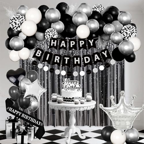 jenmir Black Silver Birthday Decorations for MenFringe Curtains Happy Birthday BannerRed balloonsCake Toppers for Boys - Image 1