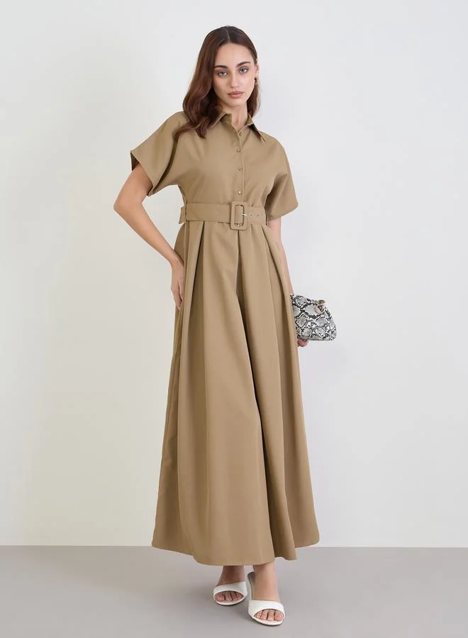 Styli Brown Belted Maxi Dress with Fold Pleat