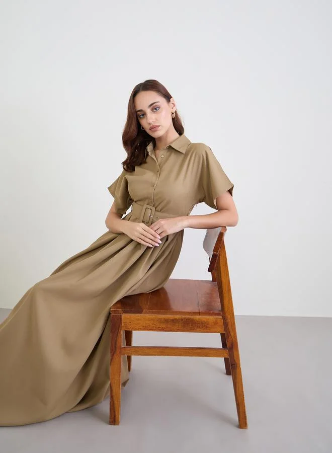 Brown Belted Maxi Dress with Fold Pleat