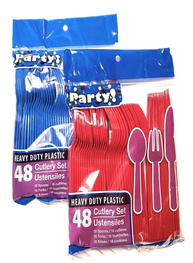 1 OM Blue & Red Team Colors Disposable Silverware Collection - 96 Piece Plastic Cutlery Set - 32 Spoons, 32 Forks, 32 Knives - 1 pack of 48 pieces in each color (Total 96 pieces) - Image 1
