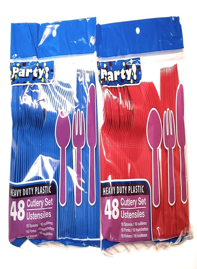 1 OM Blue & Red Team Colors Disposable Silverware Collection - 96 Piece Plastic Cutlery Set - 32 Spoons, 32 Forks, 32 Knives - 1 pack of 48 pieces in each color (Total 96 pieces) - Image 2