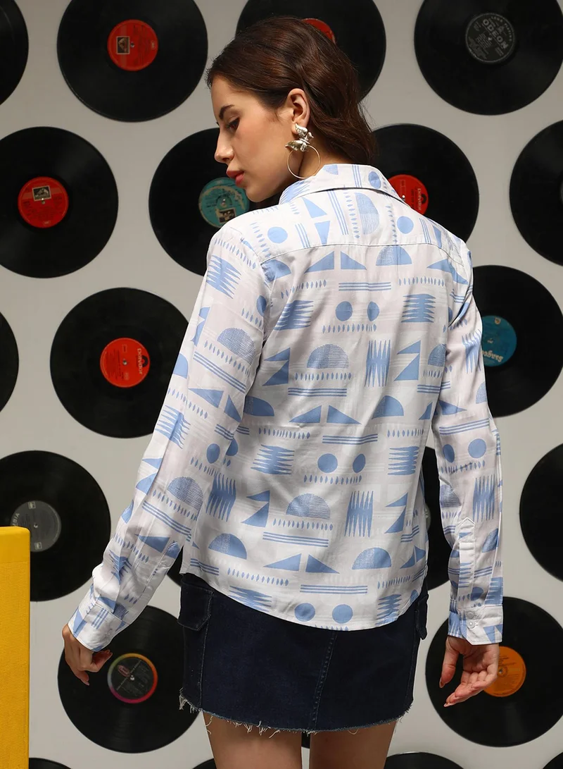 Campus Sutra  Women's Azure Blue:Off-White Contrast Geometric Shirt for Women | Best Price UAE
