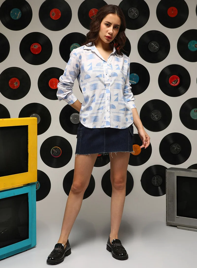 Campus Sutra  Women's Azure Blue:Off-White Contrast Geometric Shirt for Women | Best Price UAE