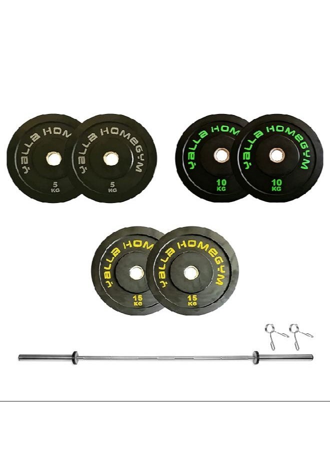 Yalla HomeGym 80KG Package of Olympic Bumper Weight Plates With 220cm/20KG Olympic Barbell 
