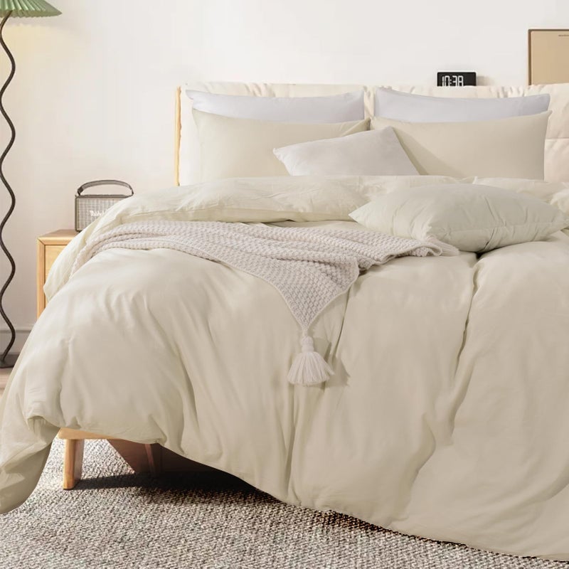 Nexhome Pro Davet Cover Set Queen Size Linen تشعر بالكريمة الرمادية طبيعية طبيعية 100 ٪ من القطن المغسول غطاء 3 قطع الفراش مع إغلاق السوستة الناعم (لا المعزي) - Image 3