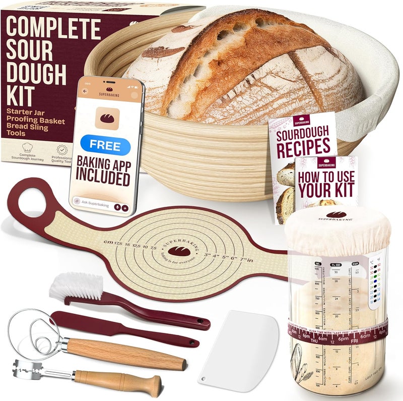Superbaking Sourdough Starter Kit, 9" Splinter-Free Banneton Bread Proofing Basket Set with Non-Stick Silicone Dough Sling & Glass Starter Jar Kit, Sourdough Bread Baking Supplies, Sourdough Tools - Image 1