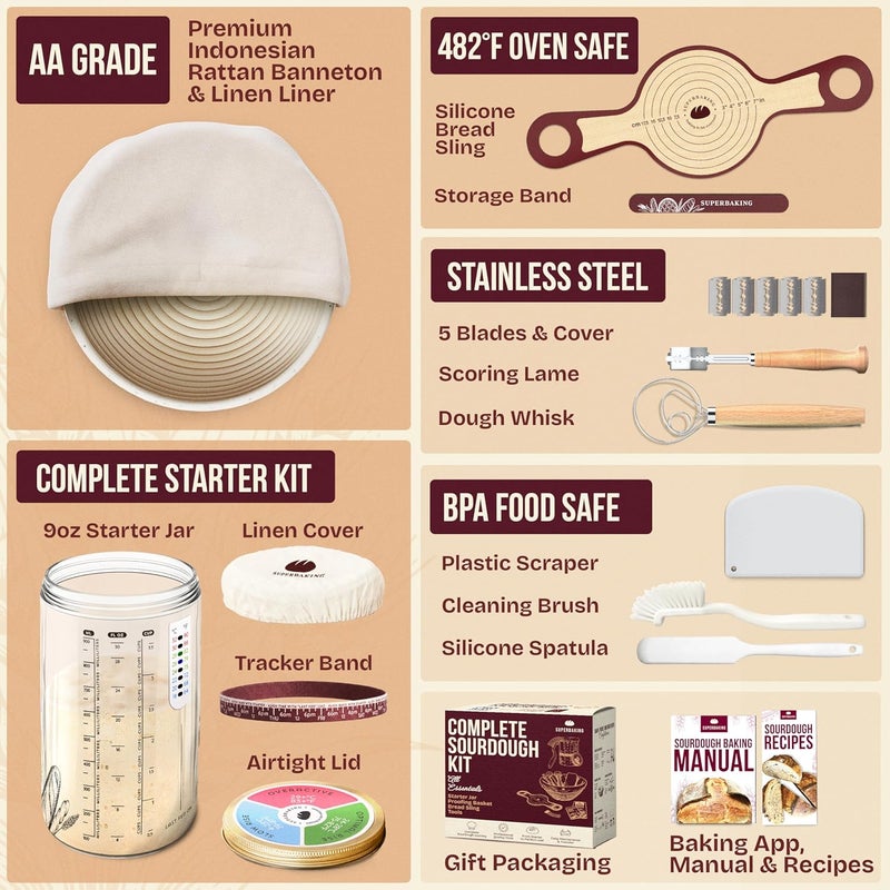 Superbaking Sourdough Starter Kit, 9" Splinter-Free Banneton Bread Proofing Basket Set with Non-Stick Silicone Dough Sling & Glass Starter Jar Kit, Sourdough Bread Baking Supplies, Sourdough Tools - Image 2