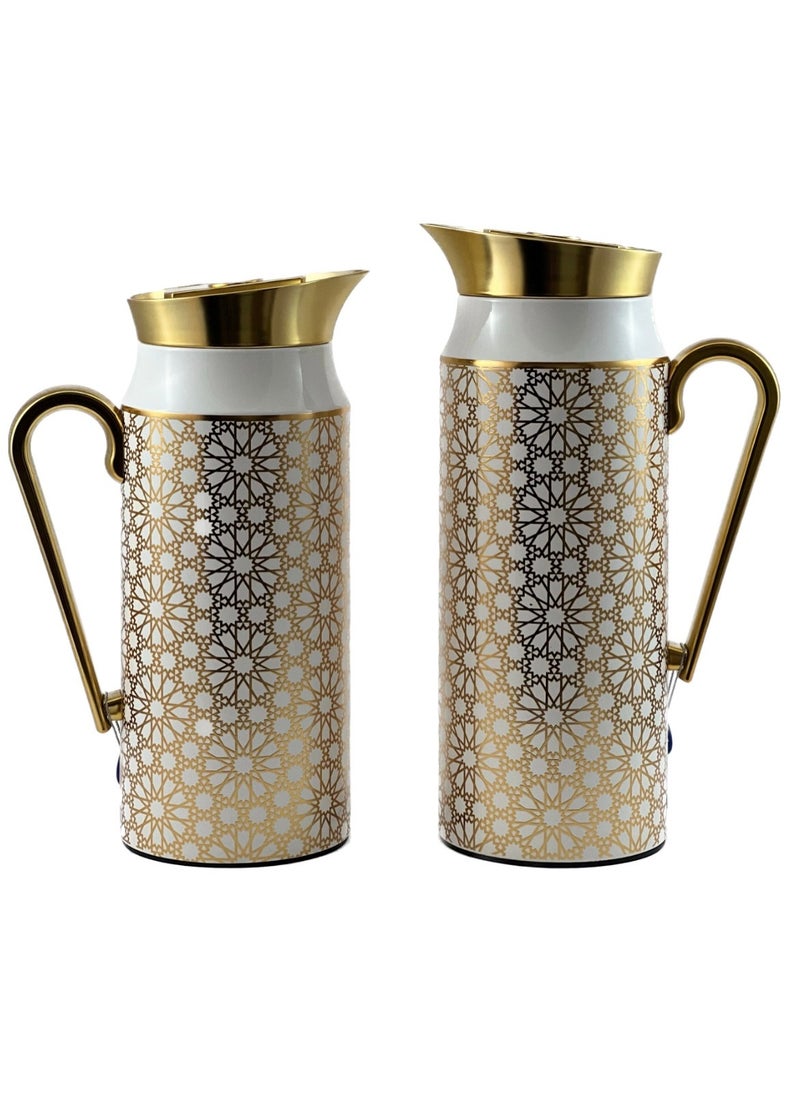 Homemaker - 2-Piece Tea & Coffee Flask - 0.75 Liter & 1 Liter Capacity - Glass Inner - Steel Body - Gold & White Desing - Gold Handle - Image 1