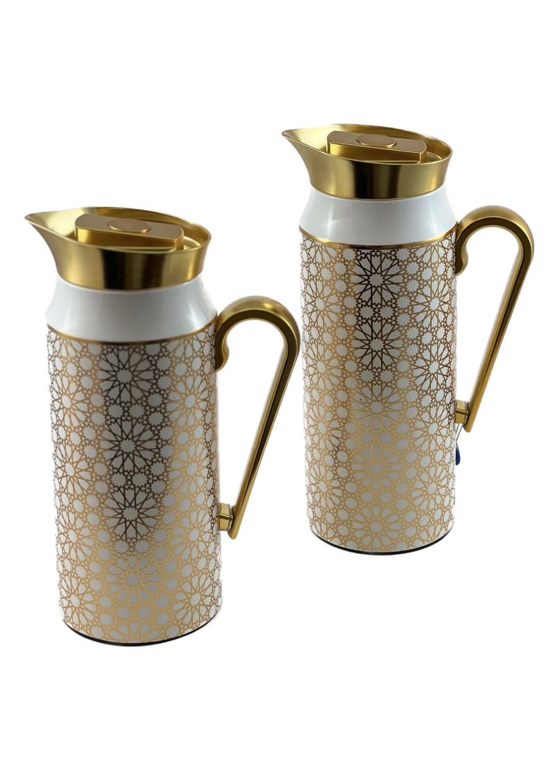 Homemaker - 2-Piece Tea & Coffee Flask - 0.75 Liter & 1 Liter Capacity - Glass Inner - Steel Body - Gold & White Desing - Gold Handle - Image 1