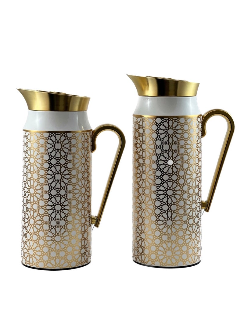 Homemaker - 2-Piece Tea & Coffee Flask - 0.75 Liter & 1 Liter Capacity - Glass Inner - Steel Body - Gold & White Desing - Gold Handle - Image 1