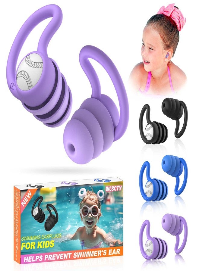 WLSCTY Swimming Ear Plugs Waterproof Earplugs - 3 Pairs Silicone Swim Ear Plugs for Kids, Water Sports Earplugs for Showering, Bathing, Surfing - Keep Ear Water Out (Kids- Black, Pruple, Blue) - Image 1
