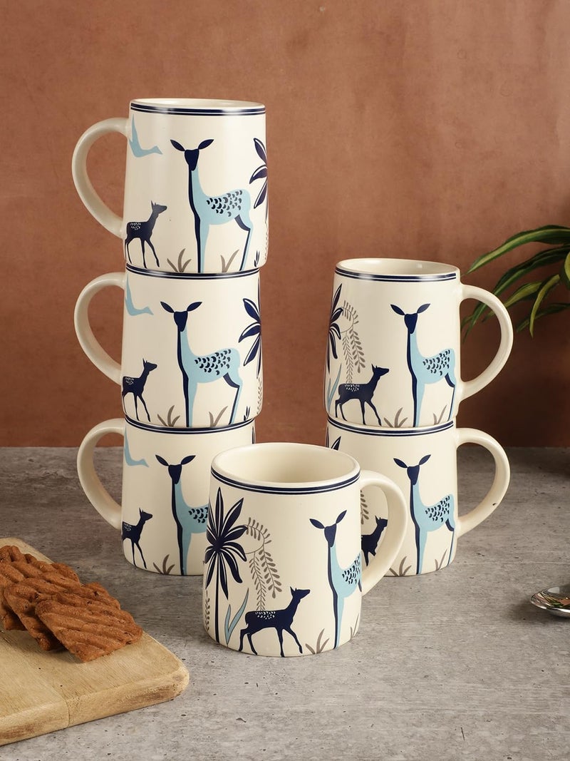 miah decor Ceramic Tea Coffee Cups Set of 6 Matte Printed Small Chai Mug Set of 6 Drinkware Microwave Safe for Home & Restaurant-350 ml-Color-Cream Blue - Image 1