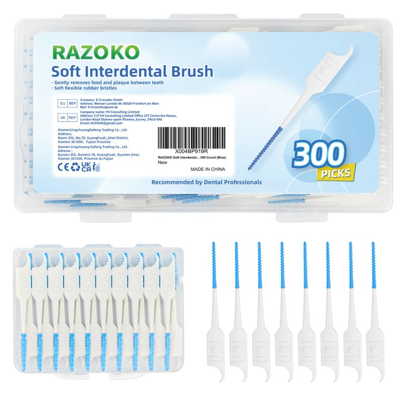RAZOKO Soft Interdental Brushes Original, Dental Picks for Cleaning Teeth, Disposable Interdental Brushes, with Convenient Carry Case (Blue, 300 Count) - Image 1