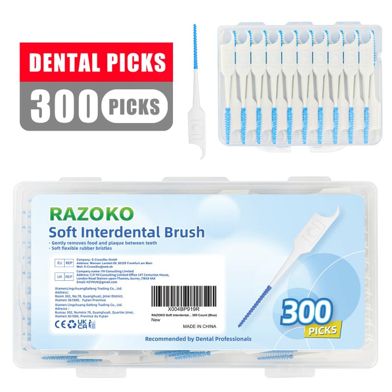 RAZOKO Soft Interdental Brushes Original, Dental Picks for Cleaning Teeth, Disposable Interdental Brushes, with Convenient Carry Case (Blue, 300 Count) - Image 2
