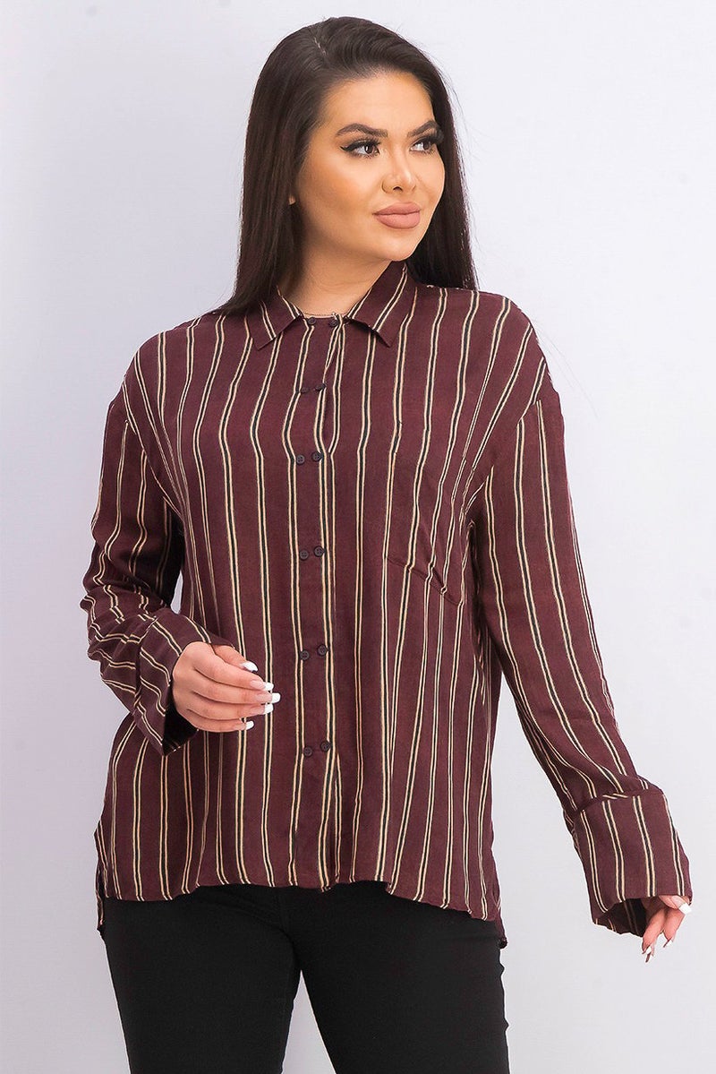 MANGO Women Striped Flowy Shirt, Burgundy Combo - Image 1