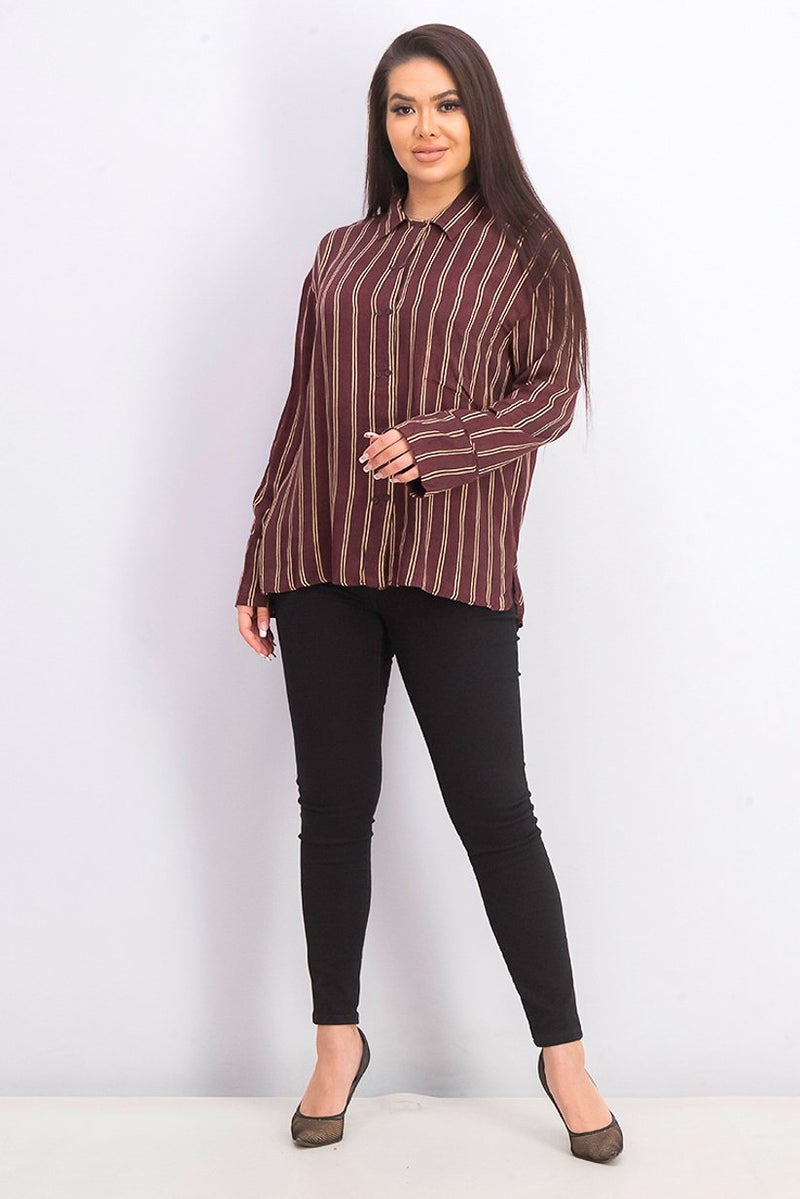 MANGO Women Striped Flowy Shirt, Burgundy Combo - Image 3