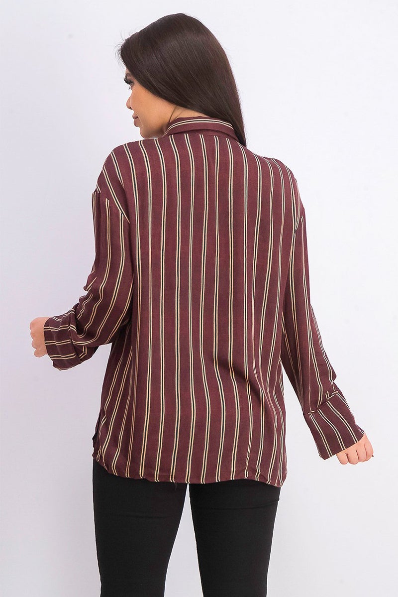 MANGO Women Striped Flowy Shirt, Burgundy Combo - Image 2