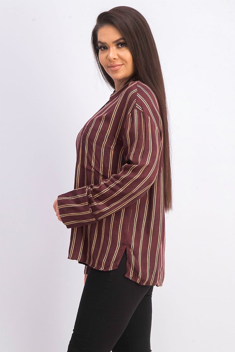 MANGO Women Striped Flowy Shirt, Burgundy Combo - Image 4
