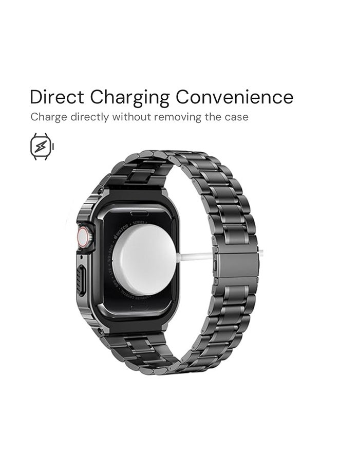 O Ozone - Stainless Steel Watch Band with Case For Apple Watch Series 9/8/7 (45mm) Metal Strap and Rugged Protective Bumper Cover for Men- Classic Silver Black - Image 1