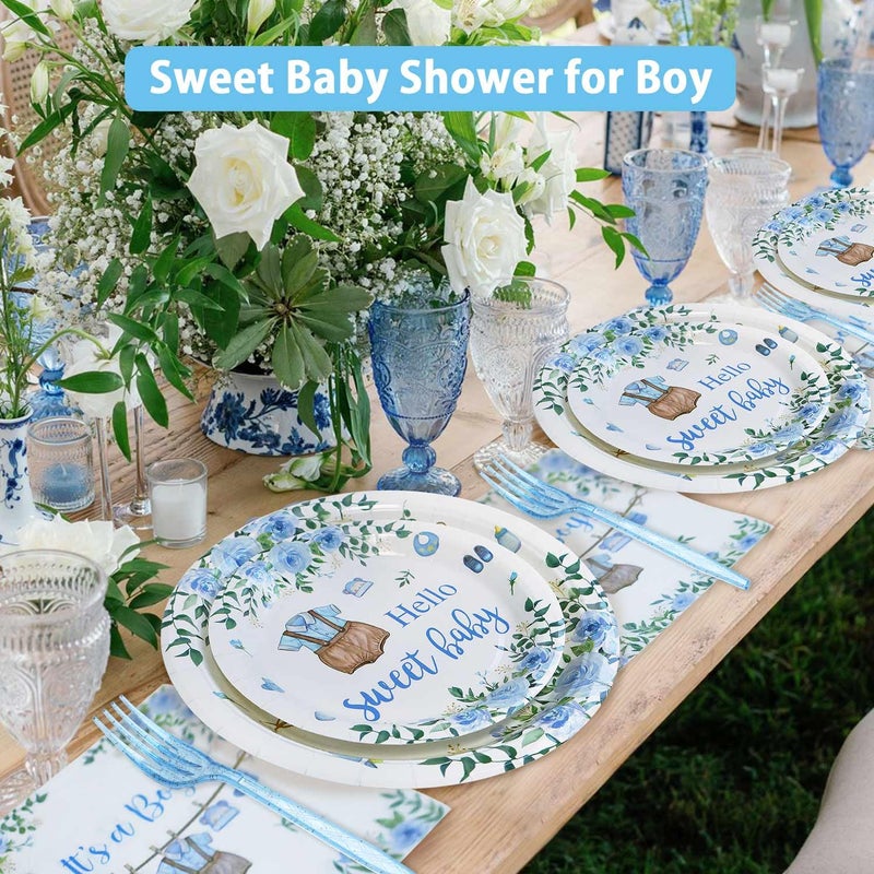 Heboland Boy Baby Shower Decorations Plates Set 25 Guests, 100 Pcs Blue It's a Boy Sweet Baby Shower Decorations Paper Plates Napkins Forks Set Tableware - Image 2