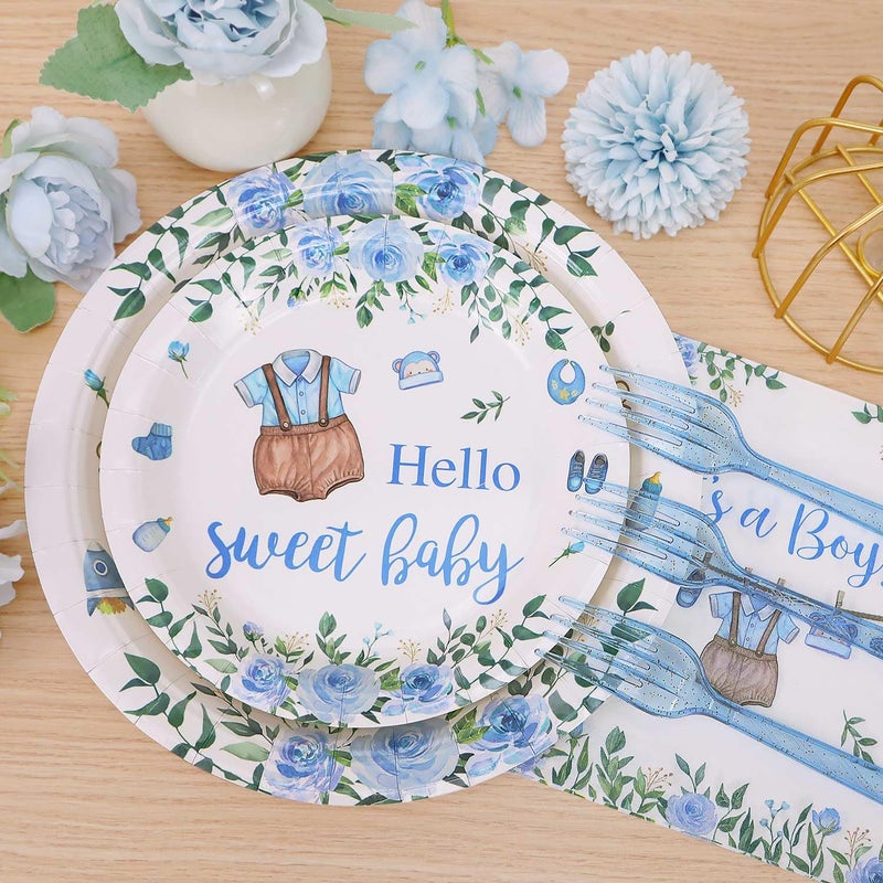 Heboland Boy Baby Shower Decorations Plates Set 25 Guests, 100 Pcs Blue It's a Boy Sweet Baby Shower Decorations Paper Plates Napkins Forks Set Tableware - Image 5
