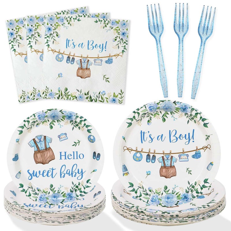 Heboland Boy Baby Shower Decorations Plates Set 25 Guests, 100 Pcs Blue It's a Boy Sweet Baby Shower Decorations Paper Plates Napkins Forks Set Tableware - Image 1