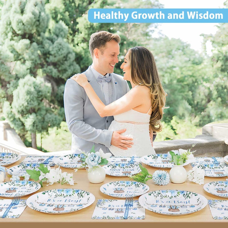Heboland Boy Baby Shower Decorations Plates Set 25 Guests, 100 Pcs Blue It's a Boy Sweet Baby Shower Decorations Paper Plates Napkins Forks Set Tableware - Image 3