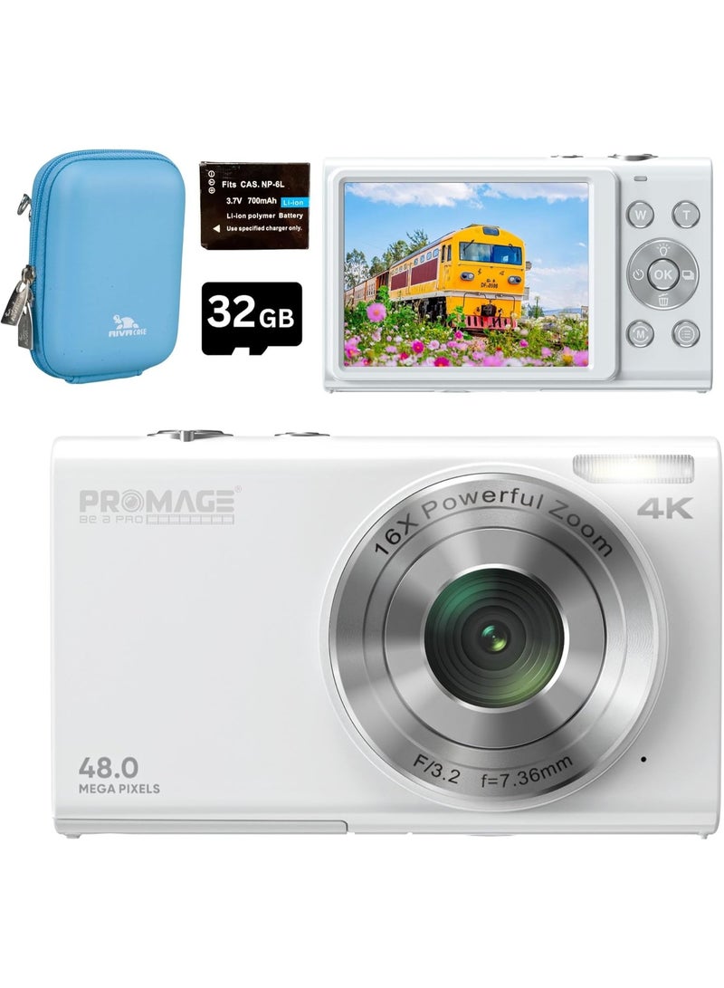 PROMAGE PROMAGE 4K 16x Digital Camera PC105 48MP Compact Small Digital Camera 4K Vlogging Camera with LED Light 2.7 Inch IPS Display 8x Digital Zoom 16x Optical Zoom Autofocus Travel Content Creator Camera for UAE and Foreigners with Free 32GB Memory Card - Image 1
