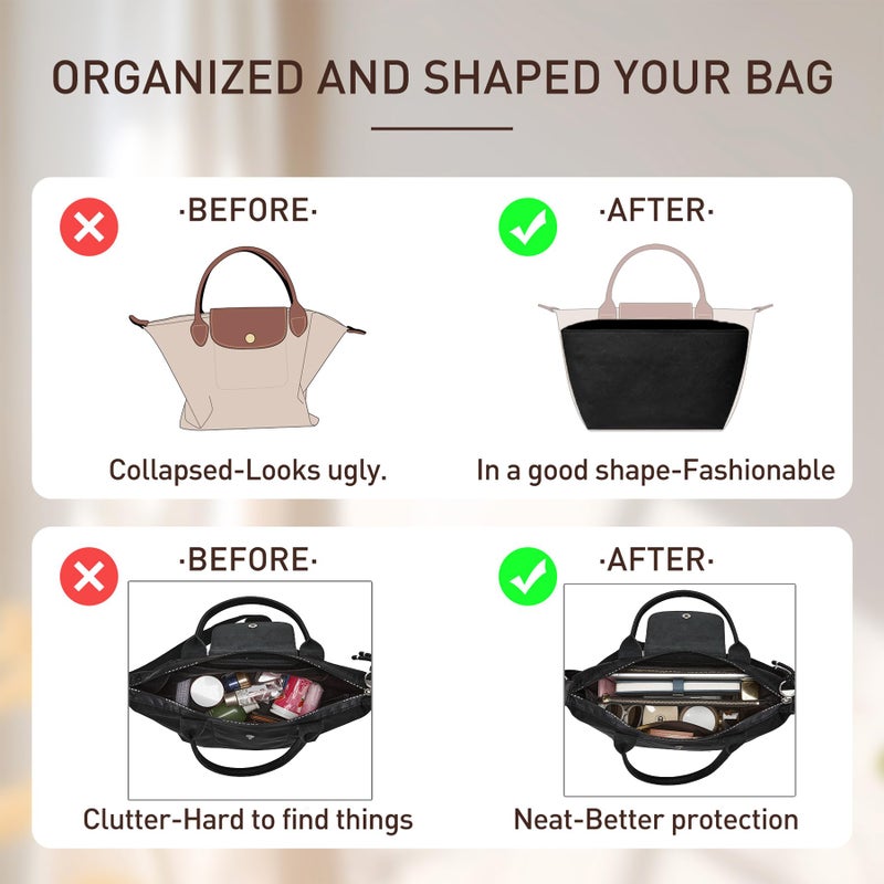 Doxo Tote Bag Organizer Insert Compatible with Long Champ Medium, G.oyard PM, Neverfull MM and More, Light Waterproof DupontPaper le pliage Longchamp Medium Organizer Insert(Black, M) - Image 4