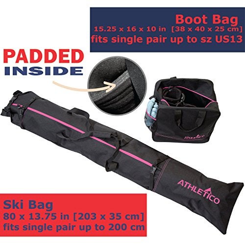 Athletico Two-Piece Ski & Boot Bag Combo | Up to 200 CM Skis & Size 13 Boots | 1 Padded Ski & Boot Bag (Black with Pink Trim) - Image 2