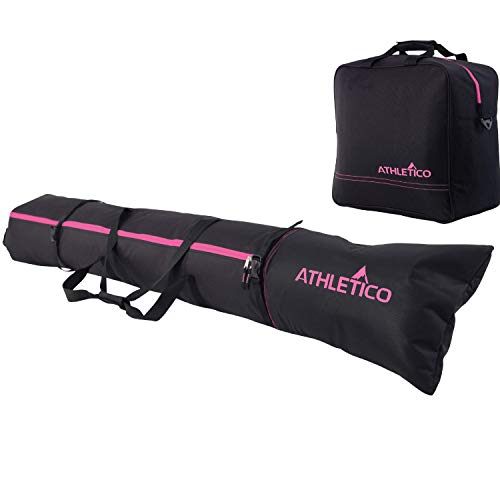 Athletico Two-Piece Ski & Boot Bag Combo | Up to 200 CM Skis & Size 13 Boots | 1 Padded Ski & Boot Bag (Black with Pink Trim) - Image 1