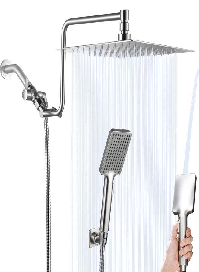 YDmeet 10" Rainfall Shower Head with Handheld Combo High Pressure, Upgrade 12" Extension Arm Height Adjustable, Powerful Stainless Steel Shower Head Brass Shower Holder Extra Long Shower Hose, Brushed Nickel - Image 1