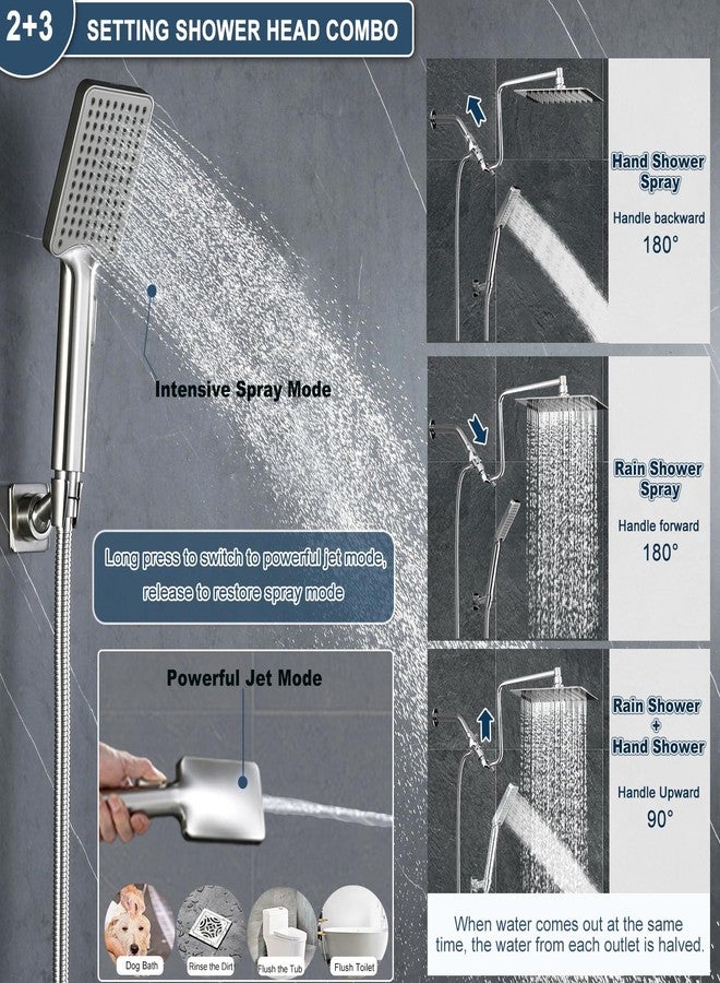 YDmeet 10" Rainfall Shower Head with Handheld Combo High Pressure, Upgrade 12" Extension Arm Height Adjustable, Powerful Stainless Steel Shower Head Brass Shower Holder Extra Long Shower Hose, Brushed Nickel - Image 2