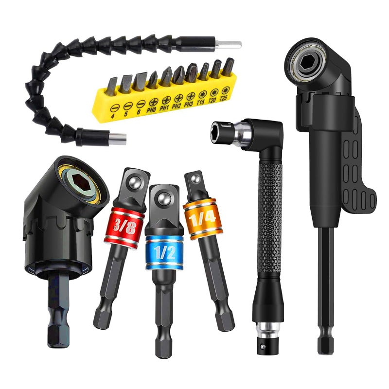 CIGOTU 17pcs Flexible Drill Bit Extension Include 3pcs Impact Socket Adapter 2pcs Hex Shank 105 Right Angle Drill Attachment 10 Short Screwdriver Bits Bendable Drill Bit Extension and 90 Angled Bits - Image 2
