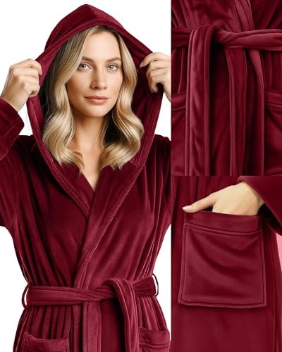NY Threads Premium Womens Robe with Hood, Plush Fleece Long Bath Robe for Women, Fluffy Soft Women's Bathrobe, Large, Burgundy - Image 3