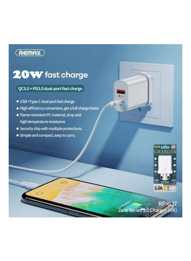 REMAX 20W Fast Charger with USB & Type-C Dual Port, QC 3.0 + PD3.0 Adapter for Quick Charging, Compact & Durable, Compatible with Smartphones, Tablets and more (UK Plug)  - Image 3