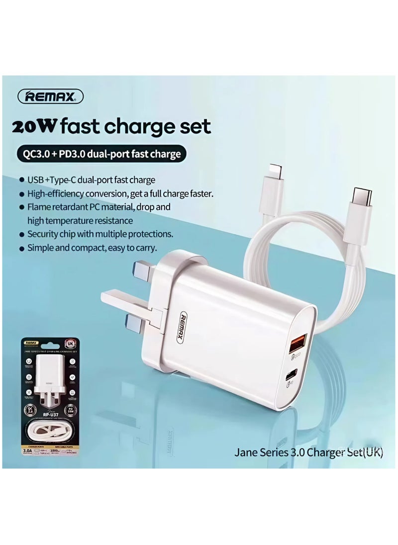 REMAX 20W Fast Charger with USB & Type-C Dual Port, QC 3.0 + PD3.0 Adapter for Quick Charging, Compact & Durable, Compatible with Smartphones, Tablets and more (UK Plug)  - Image 2