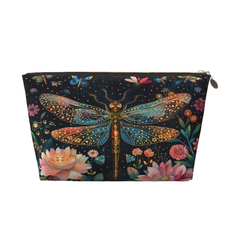 Dultua Mothers Day Gifts Makeup Bag Purse Cosmetic Bag Travel Toiletry Leather Make Up Bags for Mom Wife Women Daughter Floral Dragonfly - Image 2