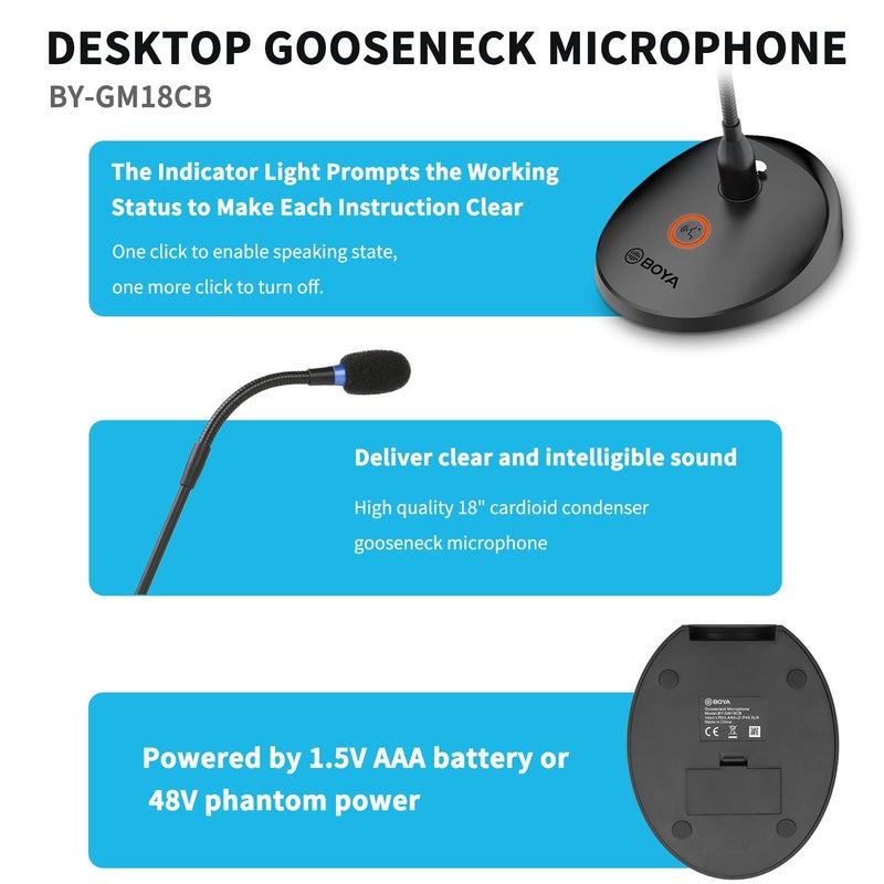 BOYA Desktop Gooseneck Condenser Microphone 18" Podium Microphones with Base LED Indicator XLR Mic for Meetings Video Conferences Streaming Lectures BY-GM18CB - Image 5