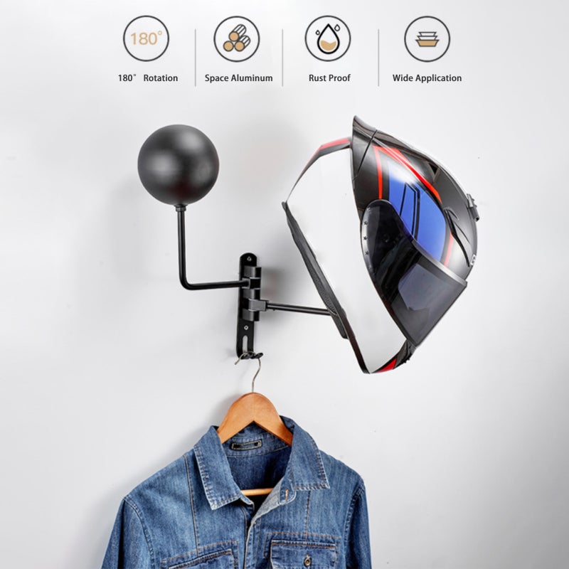 Motorcycle Helmet Rack Black Premium Space Aluminum 180 Degree Rotation - Double Round Ball Design With Hooks Helmet Holder For Garage Corridor Office And Home - Image 2