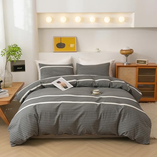 ECOCOTT غطاء لحاف ECOCOTT 3 قطع بحجم كوين، 100% قطن مغسول، 1 غطاء لحاف بسحاب و2 غطاء وسادة، ناعم للغاية وسهل العناية، مجموعة سرير مريحة بسيطة بأسلوب عصري (رمادي مخطط) - Image 1