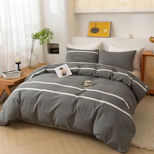 ECOCOTT غطاء لحاف ECOCOTT 3 قطع بحجم كوين، 100% قطن مغسول، 1 غطاء لحاف بسحاب و2 غطاء وسادة، ناعم للغاية وسهل العناية، مجموعة سرير مريحة بسيطة بأسلوب عصري (رمادي مخطط) - Image 3